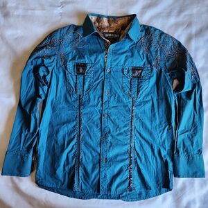 Lamasini Premium Blue Western Embroidered Tribal Print XL Long Sleeve Shirt